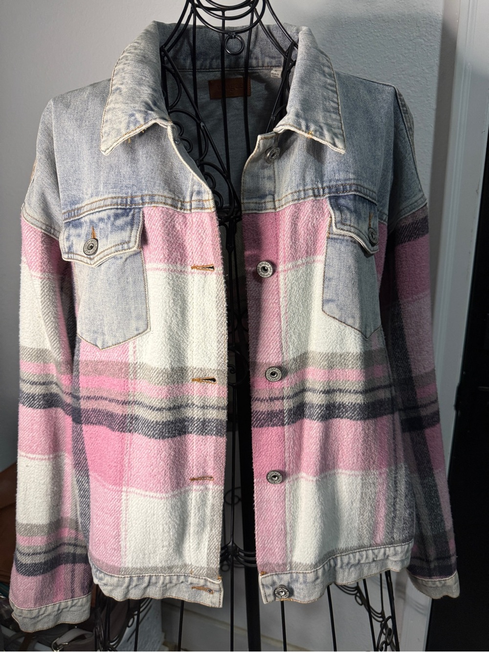 Umgee Pink & Light Blue Plaid Denim-Trim Jacket
